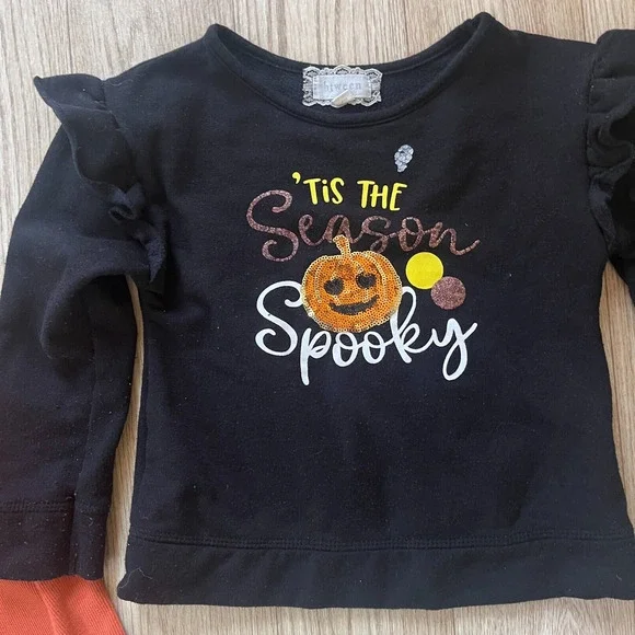 Girls 5T Halloween Outfit Orange Black Flare Pants Cozy Pumpkin Shirt - Picture 2 of 9